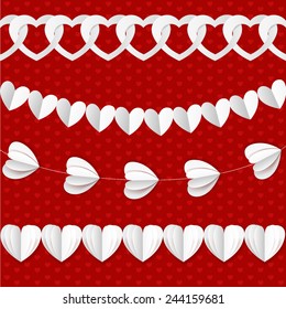 White seamless paper garlands from hearts Valentine on red seamless pattern background