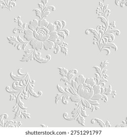 White seamless pattern with 3D embossed floral ornaments. Elegant baroque style endless vector background with textured emboss paper effect, perfect for luxury interior design.
