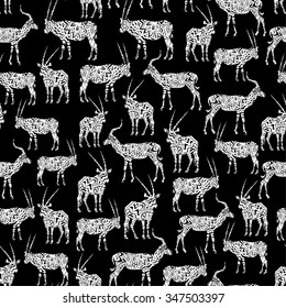 White Seamless Pattern With Antelope On Black