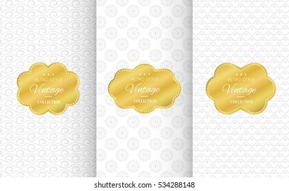 White seamless pattern background. Vector illustration for elegant design. Abstract golden photo frame. Stylish decorative gold label set. Fashion universal card.