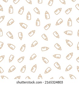 White seamless pattern with beige baby bottle.