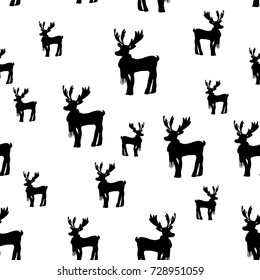 White seamless pattern with black deer silhouettes. Lovely silhouette of Christmas deer Rudolph in scarf. Hand drawn animal illustration for prints, wrapping paper, clothes, designs, scrapbook, cards.