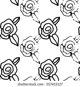 White seamless pattern with black roses and leaves for prints, wallpapers, fabric, textile, wrapping paper, manufacturing, clothes, scrapbooking