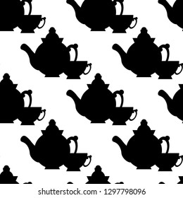 White seamless pattern with black silhouettes of a teapot and cups for tea