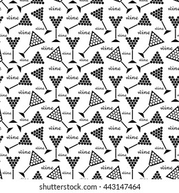white seamless pattern with black wine glasses with grape. vector