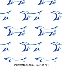 White seamless pattern with blue dogs. Hand drawn cute dachshunds for kids clothes, fabric, textile, manufacturing, wrapping paper, wrap gifts, scrapbooking, wallpapers.