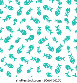 White seamless pattern with blue fish bones.