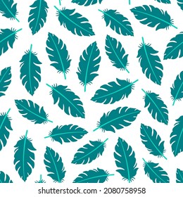 White seamless pattern with blue flamingo feathers.