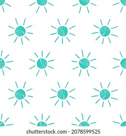 White seamless pattern with blue hand drawn sun.