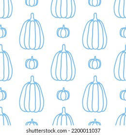 White seamless pattern with blue hand drawn pumpkins.