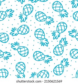 White seamless pattern with blue outline pineapples.