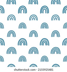 White seamless pattern with blue rainbows.