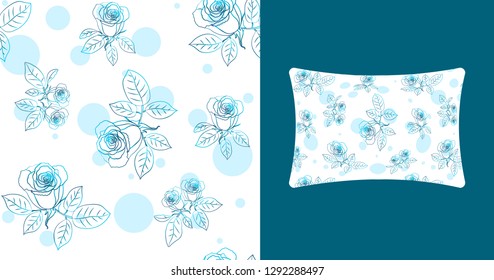 White seamless pattern with blue roses, leaves and circles for textile, packing paper, bedlinen, pillow, undergarment, wallpaper. Mock up, template pillow with this pattern. Vector illustration.