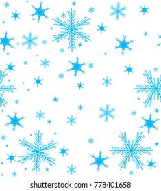 White seamless pattern with blue snowflakes