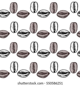 White seamless pattern with brown and black coffee beans. Pattern for prints, menu, design, cafe, restaurant, fabric, manufacturing, textile, patterns, wrapping paper, scrapbooking, clothes. 