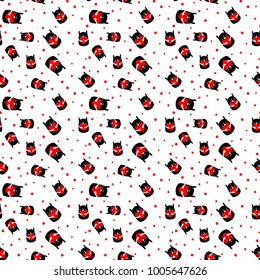 white seamless pattern with cat with heart. vector.