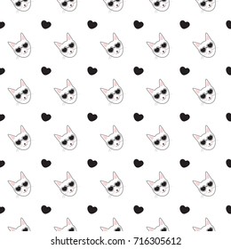 White seamless pattern with cats and hearts.