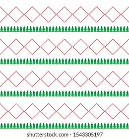 White seamless pattern for Christmas. Red rhombs and green trees on a white background. Horizontal background