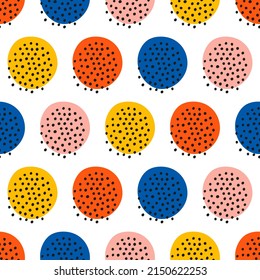 White seamless pattern with colorful circle with black dots.