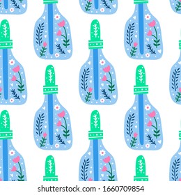 White seamless pattern with colorful doodle medical herbal or cosmetic pipette bottles and Scandinavian floral ornament.