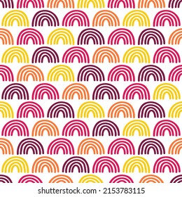 White seamless pattern with colorful hand drawn rainbows.