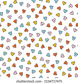White seamless pattern with colorful hearts with black outline.