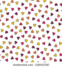 White seamless pattern with colorful hearts and black outline.