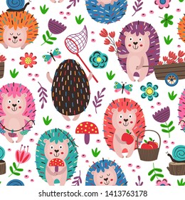 white seamless pattern with colorful hedgehogs - vector illustration, eps