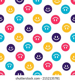 White seamless pattern with colorful smiley faces.