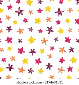White seamless pattern with colorful starfish.