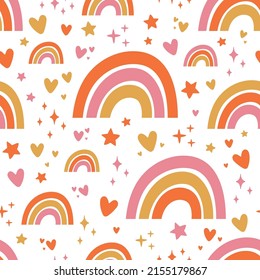 White seamless pattern with colorful stars, hearts and rainbows.