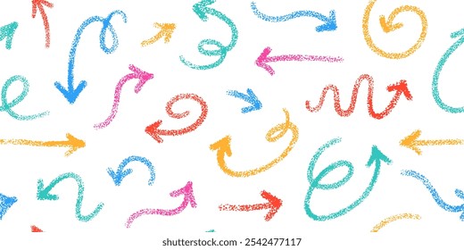 Patrón blanco sin fisuras con flechas dibujadas a mano de crayón. Elementos de línea colorida con textura de tiza. Fondo de Vector Doodle con iconos de bosquejo de signos de dirección y apuntar con textura áspera