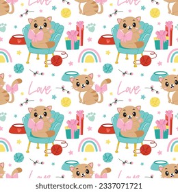 white seamless pattern with cute cats. It can be used for textile, wallpaper, wrapping