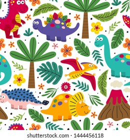 white seamless pattern with cute dinosaurs - vector illustration, eps