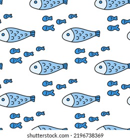 White seamless pattern with cute doodle blue small and big fishes.
