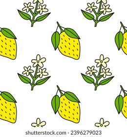 White seamless pattern with cute doodle colorful lemon fruits and floral branches.