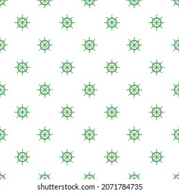 White seamless pattern with dark green ship wheel.