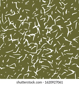 White seamless pattern with dashes and dots. Vector linear ornament. Grain on a green background. Seamless grain texture randomly drawn by hand.