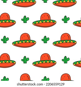 White Seamless Pattern With Doodle Colored Mexican Sombrero Hats And Cactuses.