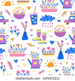 White seamless pattern with doodle colorful spring icons.