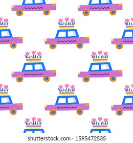 White seamless pattern with doodle colorful cars and tulip flowers in container.