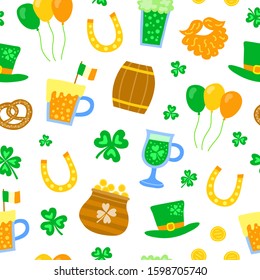 White seamless pattern with doodle colorful items for Saint patrick's day celebration.