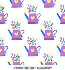 White seamless pattern with doodle colorful bouquet of wild flowers in watering can.
