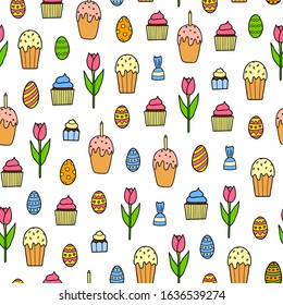 White seamless pattern with doodle colorful kulich or panettone cakes, tulip flowers, cupcakes, candies.