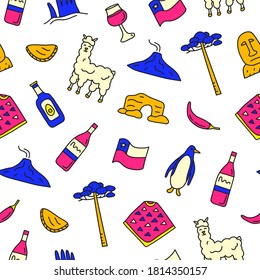 White seamless pattern with doodle colorful Chilean icons including Easter island statue, Villarrica volcano, araucaria tree, empanadas, penguin, poncho, alpaca, avocado oil, cave, flag, chili pepper.