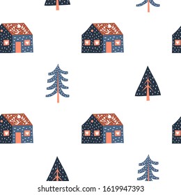 White seamless pattern with doodle houses, fir or pine trees and Nordic ornaments in Scandinavian folk art style.