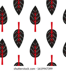 White seamless pattern with doodle leaves in Scandinavian folk art style.