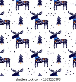 White seamless pattern with doodle mooses, fir trees and Nordic ornaments in Scandinavian folk art style.