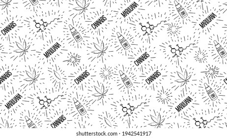Patrón transparente blanco en forma de doodle con hojas de cannabis, botella de aceite del CBD, fórmula química del CBD y logotipos de cannabis
