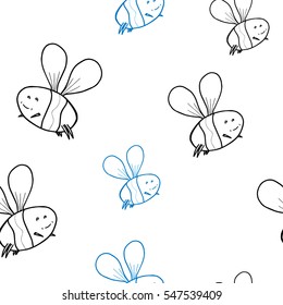 White seamless pattern with flying blue and black bees. Cartoon sketch style. Funny design for kids prints, clothes, rooms, wrapping paper, scrapbook, fabric.